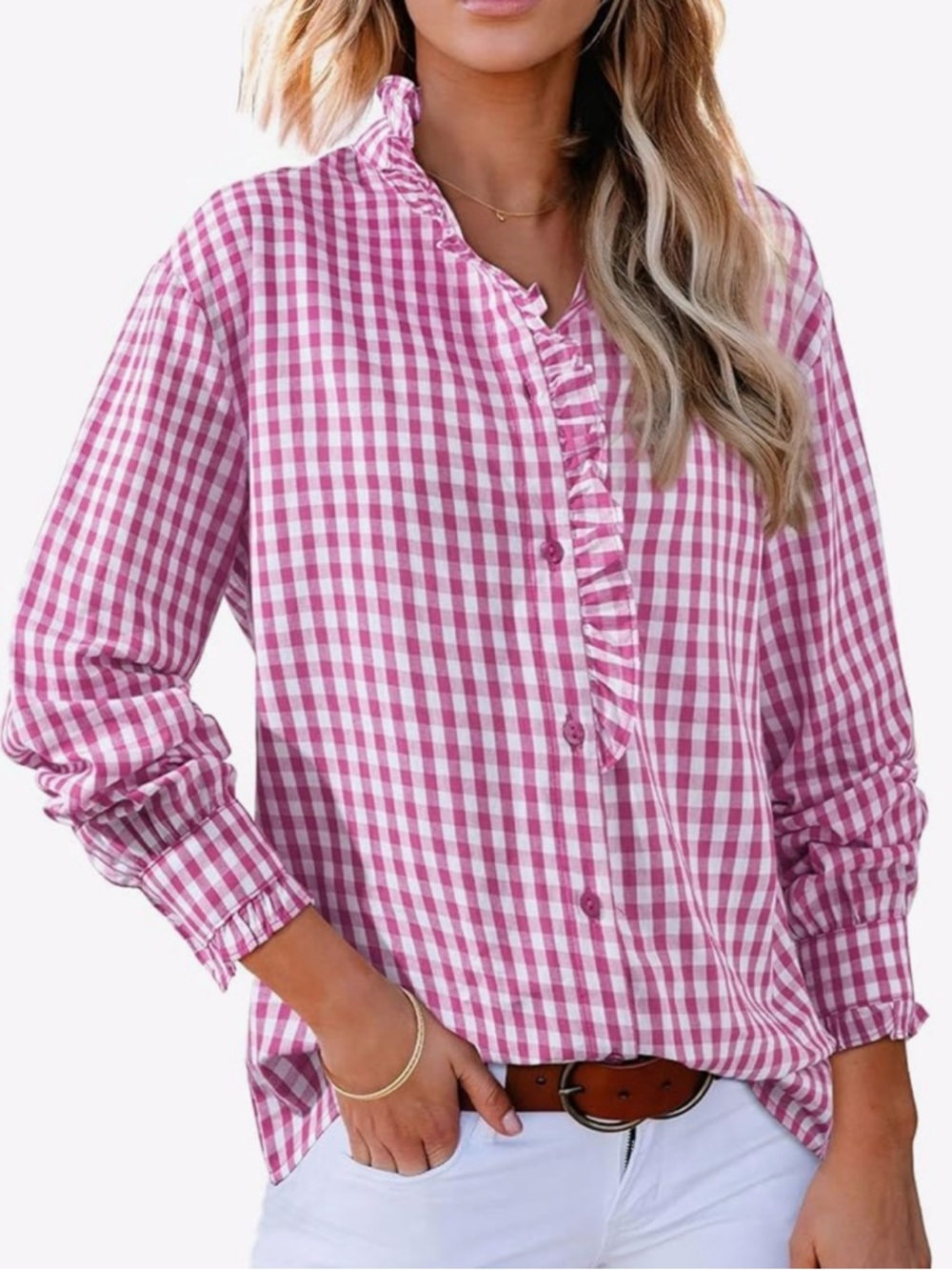 Plaid ruffle button down blouse, size L